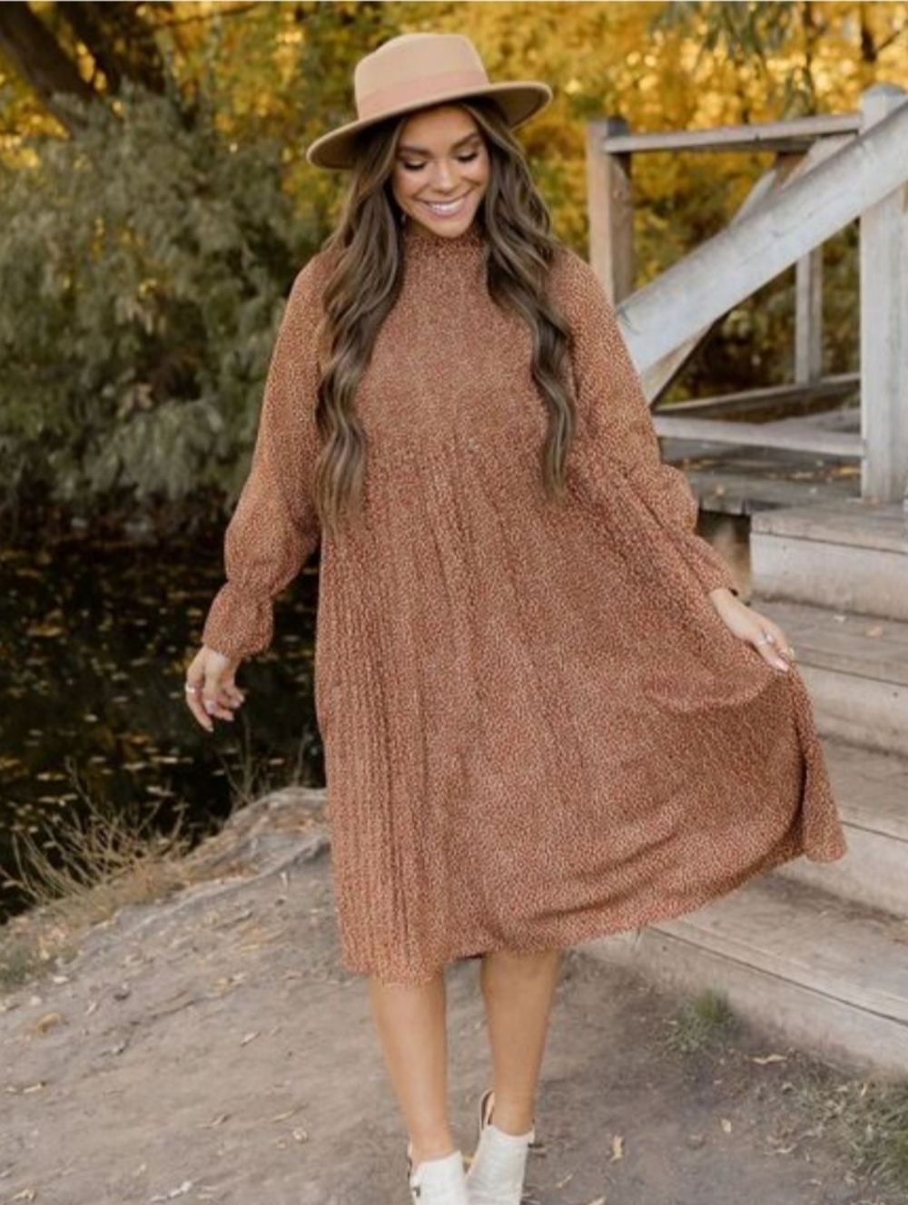 Indie&Co Rust Tan Colored Midi Dress XL Flowy Modest Long Sleeve